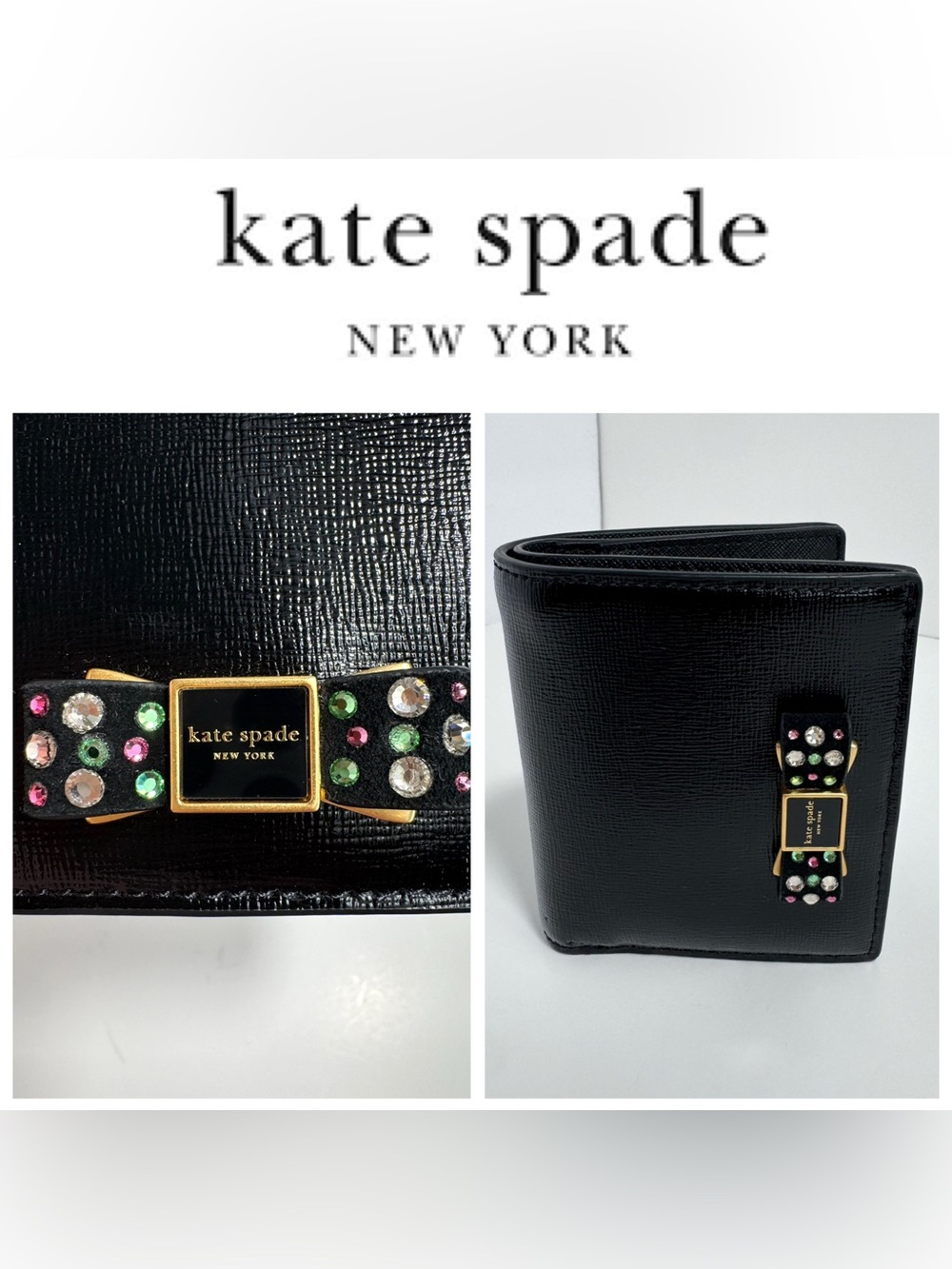 NWOT Kate Spade Morgan Bedazzled Bow Saffiano Leather Wallet Small Bifold